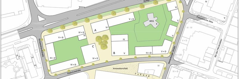 Der angepasste Rahmenplan für das Entwicklungsgebiet "Marienburger Areal" in Tübingen
